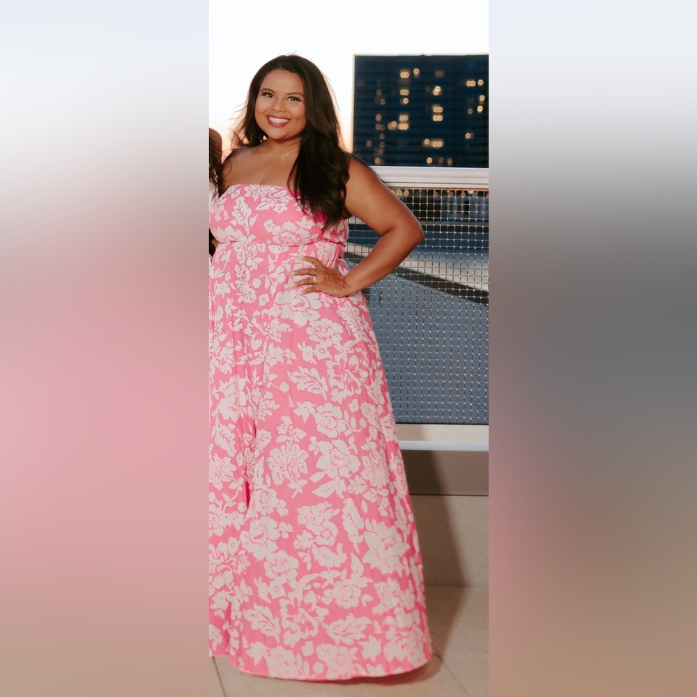 Fab’rik Pink and white maxi dress strapless with slit